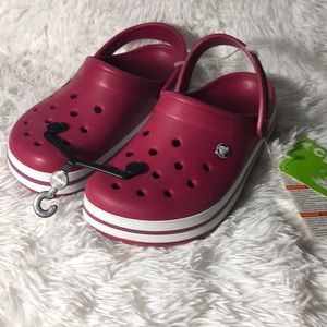 Crocs Brand New maroon with stripes on side
